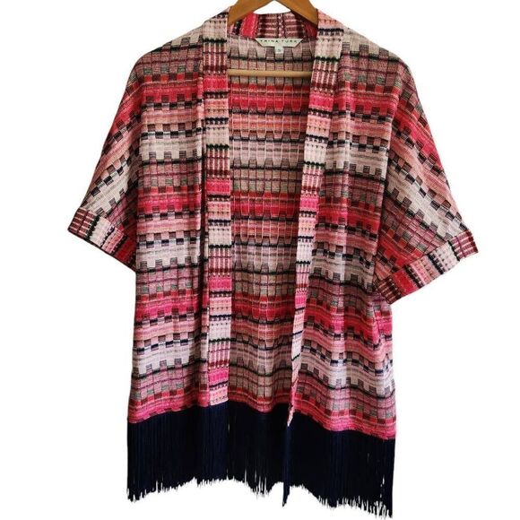 Trina Turk Cardigan Womens Small Open Fringe Short Sleeve Oversized - Picture 1 of 5